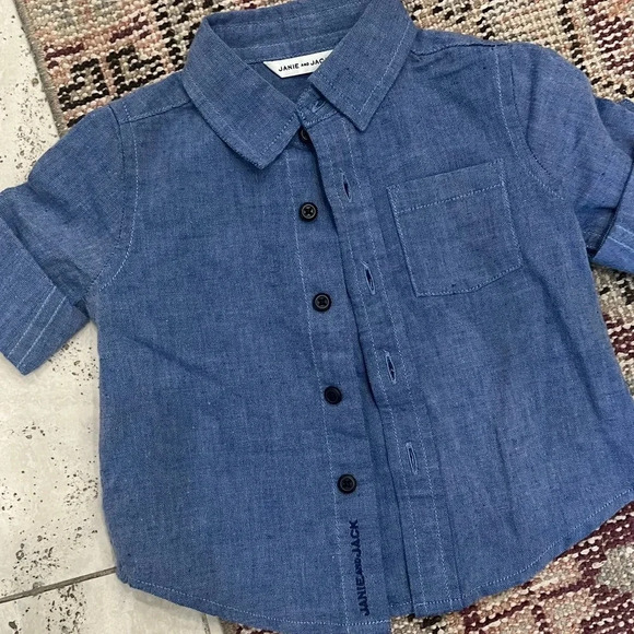 Janie & Jack Blue Linen Button Down Collared Shirt - Picture 2 of 8